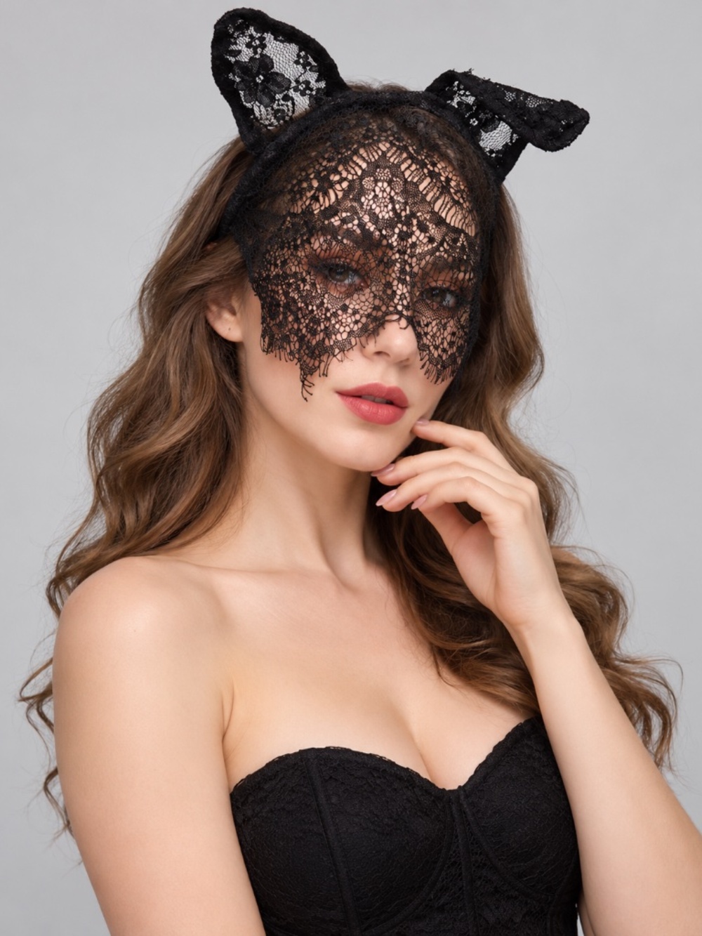 Black Lace Mesh Cat Ear Veil Headband Halloween Costume Accessory